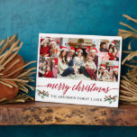 Modern Red Calligraphy 5 Photo Family Christmas Plaque<br><div class="desc">Modern Calligraphy Script 5 Photo Family Photo Collage Merry Christmas 8x10 Photo Plaque includes Watercolor Christmas Holly Berries - Red Script</div>