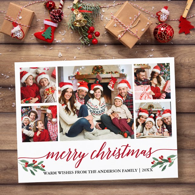 Modern Red Calligraphy 5 Photo Family Christmas Postcard (Customize to change your personalized text size or text style.)