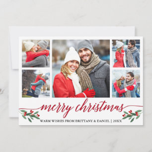 Modern Red Calligraphy 5 Photo Merry Christmas Holiday Card
