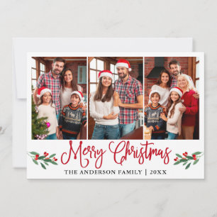 Modern Red Calligraphy Christmas Holly 3 Photo Holiday Card
