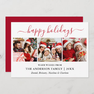 Modern Red Calligraphy Script 3 Photo Holiday Card