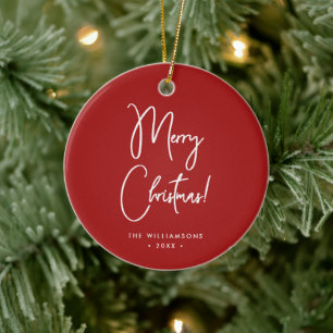 Modern Red Calligraphy Script Merry Christmas Ceramic Ornament