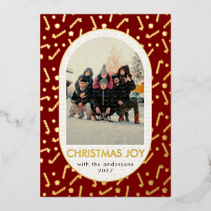 Modern Red Candy Cane Arched Photo Christmas Joy Foil Holiday Card