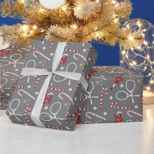 Modern Red Candy Cane Tennis Theme Christmas Grey Wrapping Paper