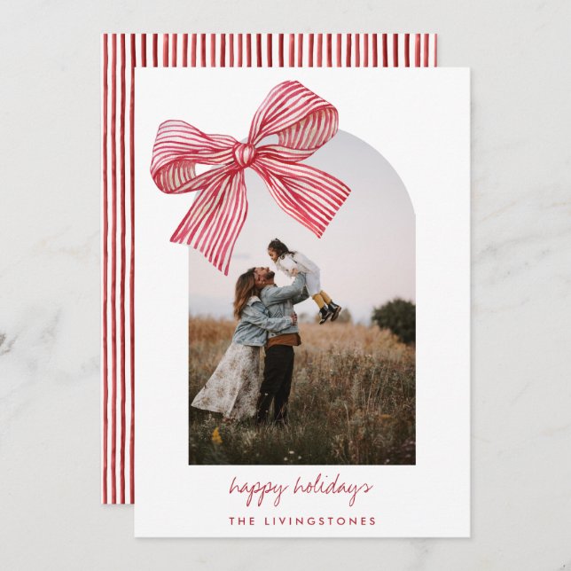Modern Red Candy Stripes Bow & Arch Photo   Holiday Card (Front/Back)