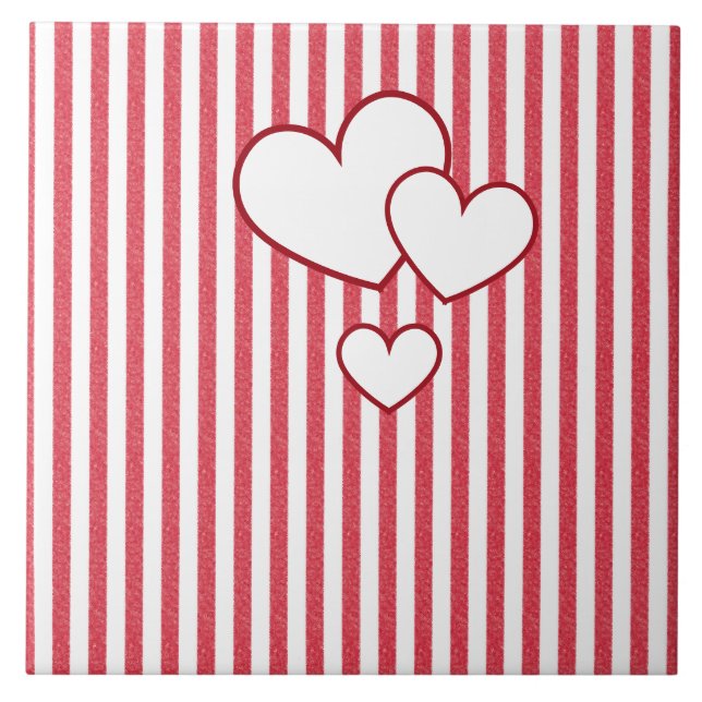 Modern Red Chalk Stripes Background Triple Hearts Ceramic Tile (Front)