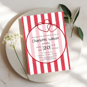 Modern Red Chalk Stripes Double Hearts Baby Shower Invitation