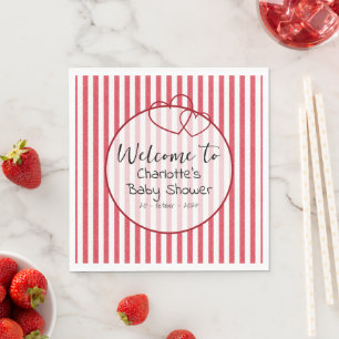 Modern Red Chalk Stripes Double Hearts Baby Shower Napkin