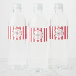Modern Red Chalk Stripes Double Hearts Baby Shower Water Bottle Label