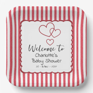 Modern Red Chalk Stripes Triple Hearts Baby Shower Paper Plate