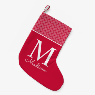 Modern red chequered pattern name monogram small christmas stocking