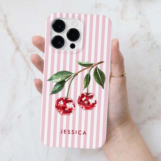 Modern Red Cherries Pink Stripes Personalised Name Case-Mate iPhone Case (Modern Red Cherries Pink Stripes Personalized Name Case-Mate iPhone Case)