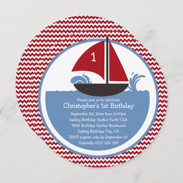 Modern Red Chevron Nautical 1st Birthday Party Invitation (Front/Back)