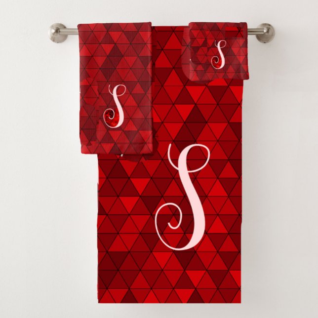 Modern Red Chic Geometric Custom Monogram Bath Towel Set (Creator Uploaded)