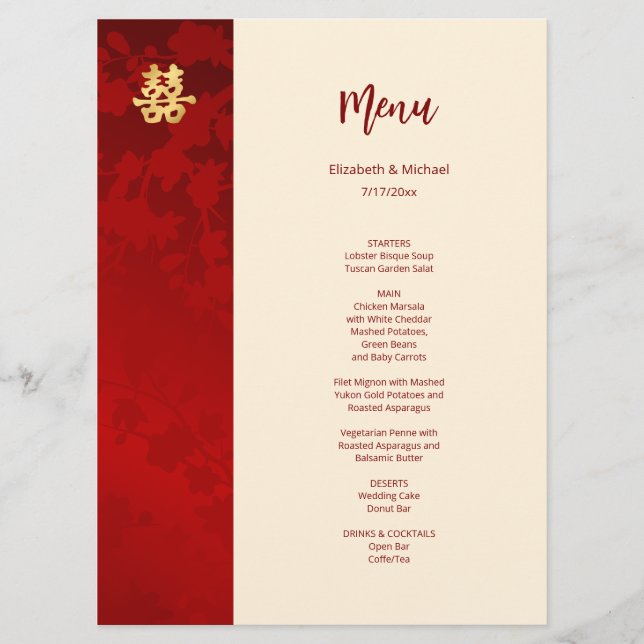 Modern Red Chinese Wedding  Menu (Front)