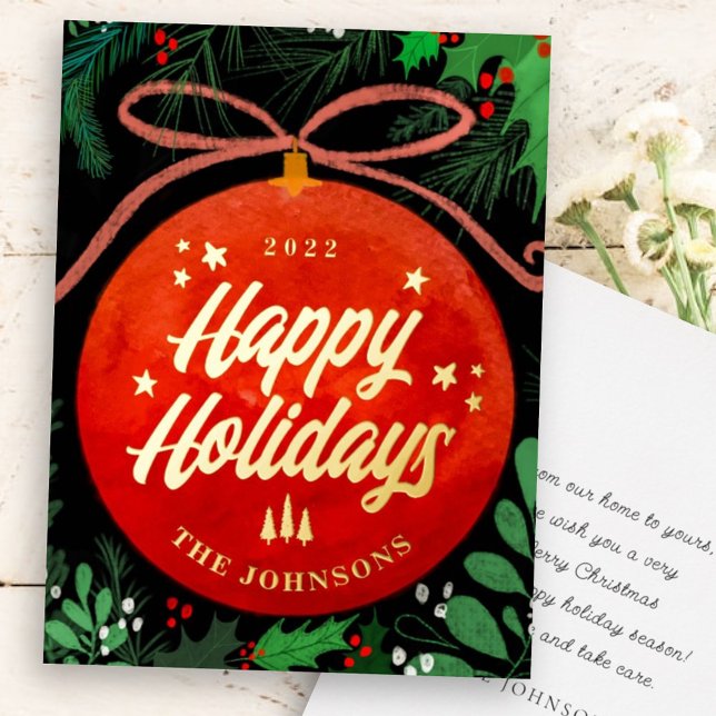Modern Red Christmas Ball Ornament Botanical Foil Holiday Card (Creator Uploaded)