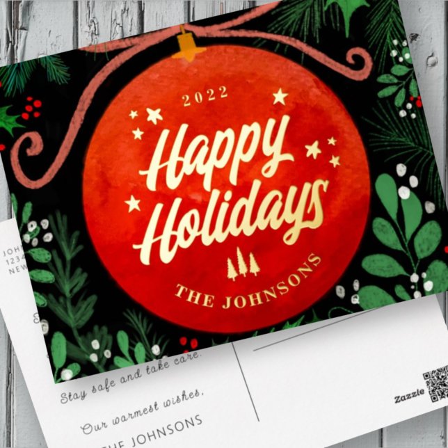 Modern Red Christmas Ball Ornament Botanical Foil Holiday Postcard (Creator Uploaded)