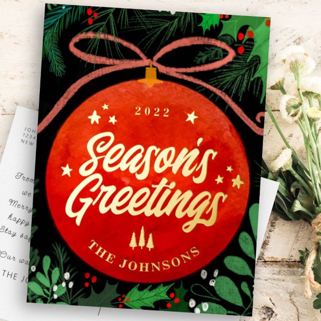 Modern Red Christmas Ball Ornament Botanical Foil Holiday Postcard (Creator Uploaded)