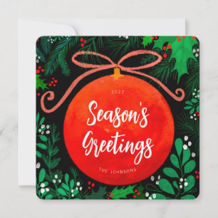 Modern Red Christmas Ball Ornament Botanical Holiday Card
