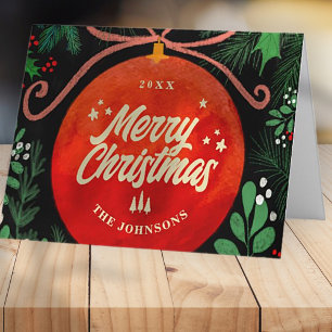 Modern Red Christmas Ball Ornament Botanical Holiday Card
