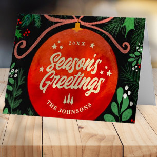 Modern Red Christmas Ball Ornament Botanical Holiday Card