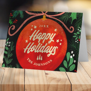 Modern Red Christmas Ball Ornament Botanical Holiday Card