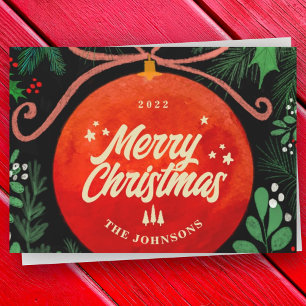 Modern Red Christmas Ball Ornament Botanical Holiday Card
