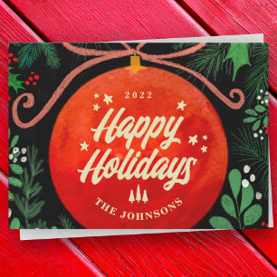 Modern Red Christmas Ball Ornament Botanical Holiday Card