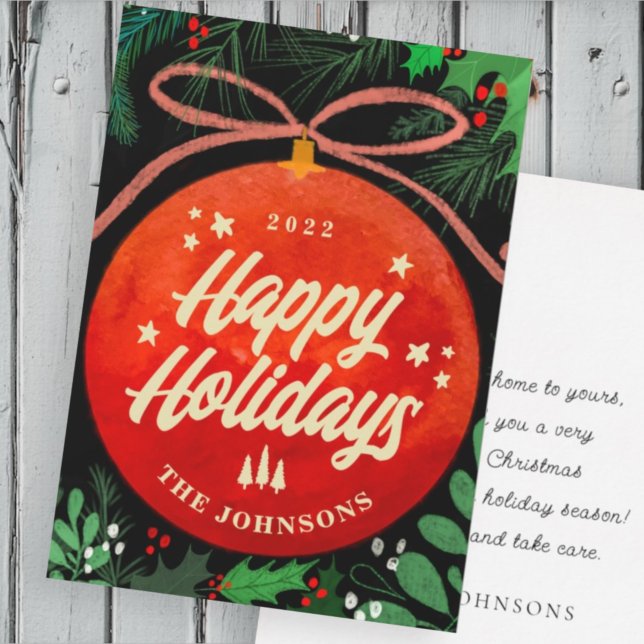 Modern Red Christmas Ball Ornament Botanical Holiday Card (Creator Uploaded)