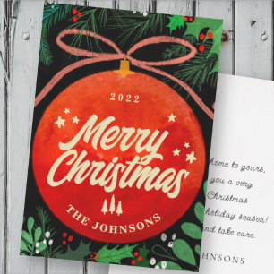 Modern Red Christmas Ball Ornament Botanical Holiday Card
