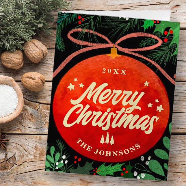 Modern Red Christmas Ball Ornament Botanical Holiday Card (Creator Uploaded)