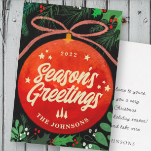 Modern Red Christmas Ball Ornament Botanical Holiday Card