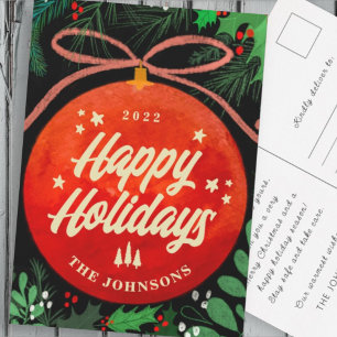 Modern Red Christmas Ball Ornament Botanical Holiday Postcard