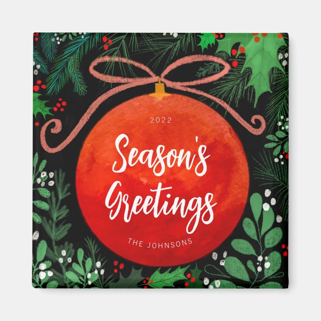 Modern Red Christmas Ball Ornament Botanical Magnet (Front)