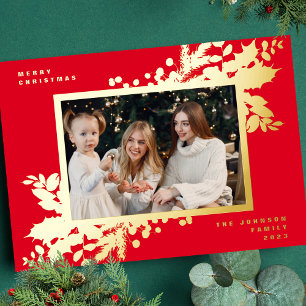 Modern Red Christmas Botanical Photo GOLD Frame Foil Holiday Card