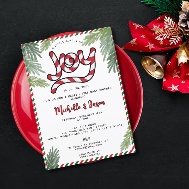 Modern Red Christmas Candy Cane Joy Baby Shower Invitation (Creator Uploaded)