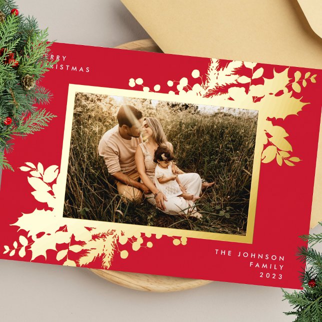 Modern Red Christmas Gold Botanical Photo Frame Foil Holiday Card (Creator Uploaded)