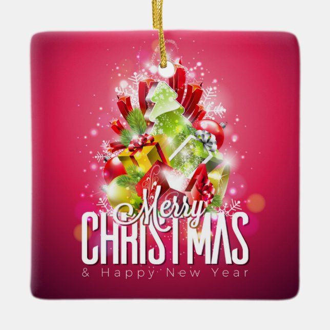 Modern Red Christmas Graphic Design Illustration Ceramic Ornament (Front)