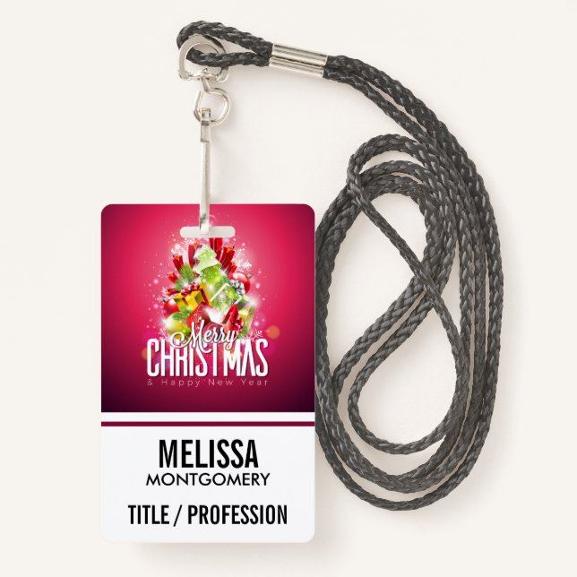 Modern Red Christmas Graphic Illustration ID Badge (Front with Lanyard)