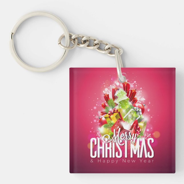 Modern Red Christmas Graphic Illustration Key Ring (Front)