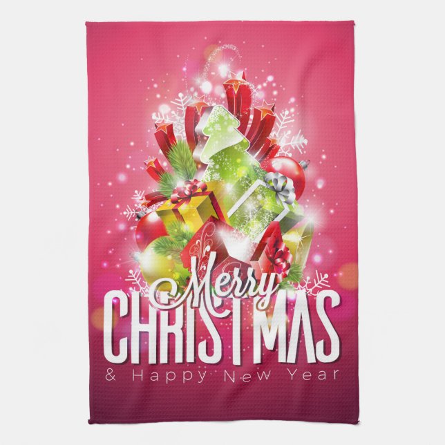 Modern Red Christmas Graphic Illustration Tea Towel (Vertical)