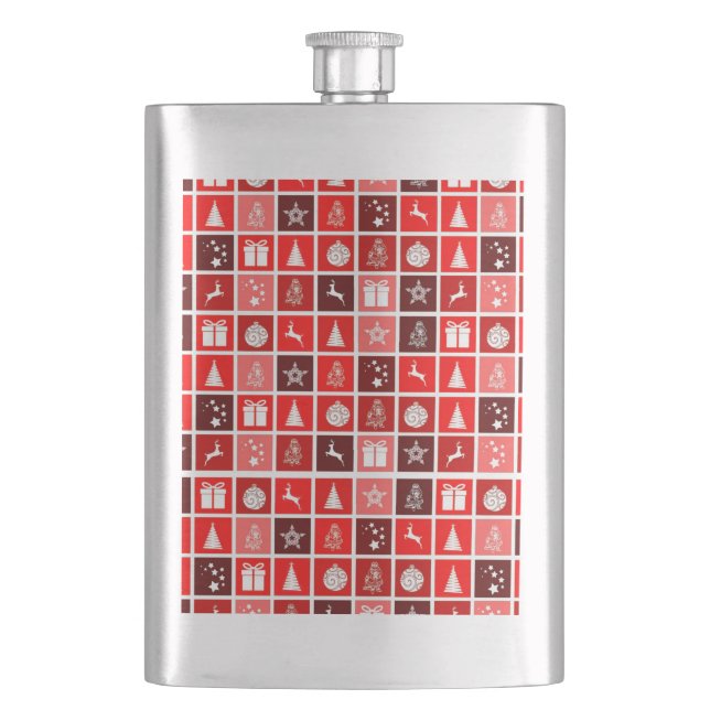Modern Red Christmas Grid Pattern Minimalist  Hip Flask (Front)