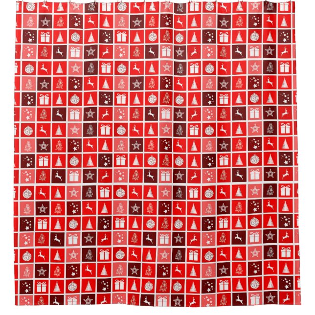 Modern Red Christmas Grid Pattern Minimalist  Shower Curtain (Front)