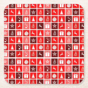 Modern Red Christmas Grid Pattern Minimalist Square Paper Coaster