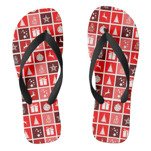 Modern Red Christmas Grid Pattern Minimalist  Thongs (Footbed)