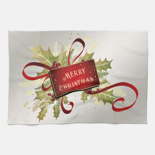 Modern Red Christmas Holiday Kitchen Towel (Horizontal)