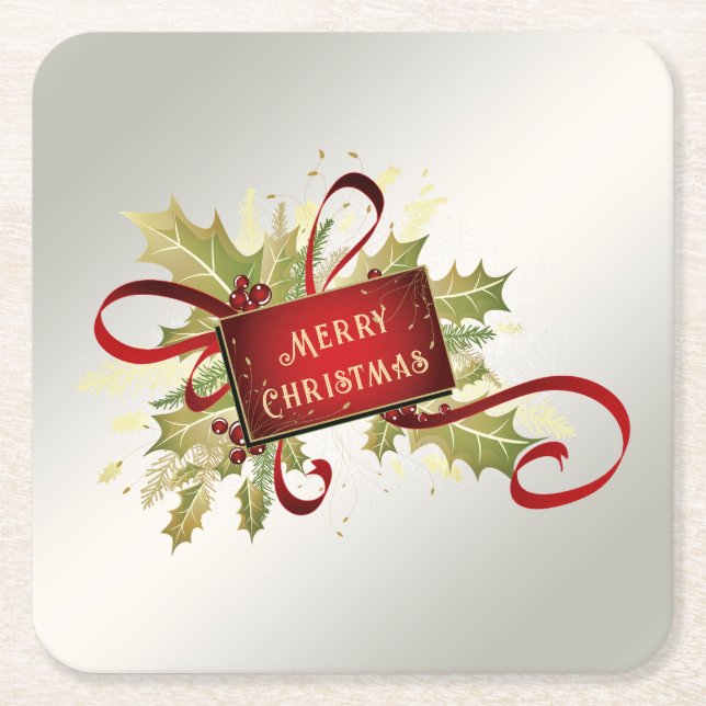Modern Red Christmas Holiday Paper Coaster (Front)