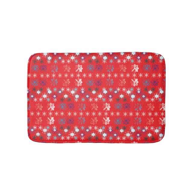 Modern Red Christmas Holiday snowflake pattern Bath Mat (Front)