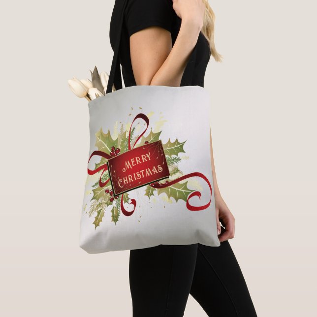 Modern Red Christmas Holiday Tote Bag (Close Up)