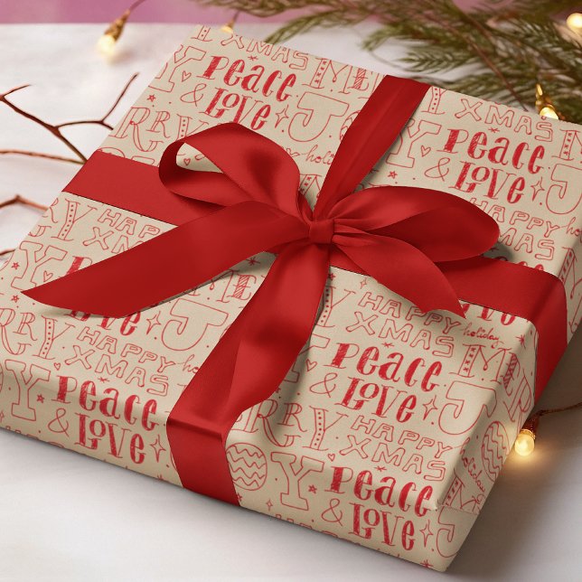 Modern Red Christmas Holiday Typography Peace Love Wrapping Paper (Creator Uploaded)